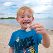 A young child holds up a shell on a sandy beach and smiles broadly. 