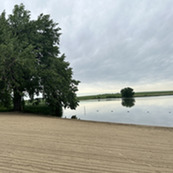 A freshly raked sandy beach leads out to a calm lake. 