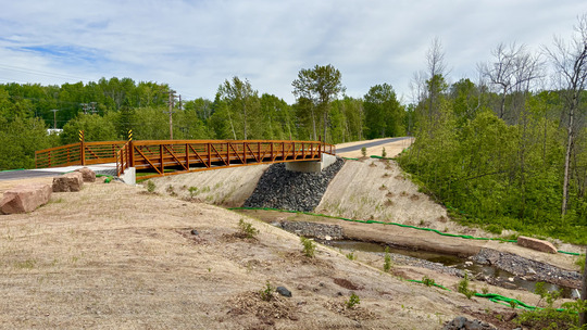 A brand new paved path and steel truss bridge crosses a small stream. 