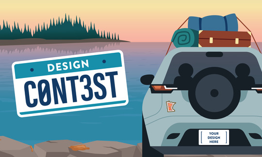 Design Contest. Illustrated graphic of the North Shore with a car whose license plate says 'your design here.'