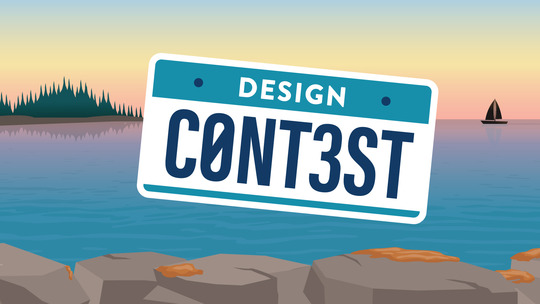 An illustration of the Lake Superior shoreline with a license plate that reads, DESIGN CONT3ST.