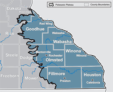 A map showing county lines in Minnesota. The crop shows the southeast corner of the state from Goodhue to Houston county.