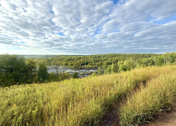 A river overlook has golden grasses int he foreground and puffy clouds overhead. 