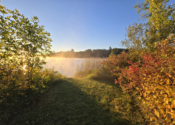 Misty sunrise over a calm lake surrounded by fall foliage. 