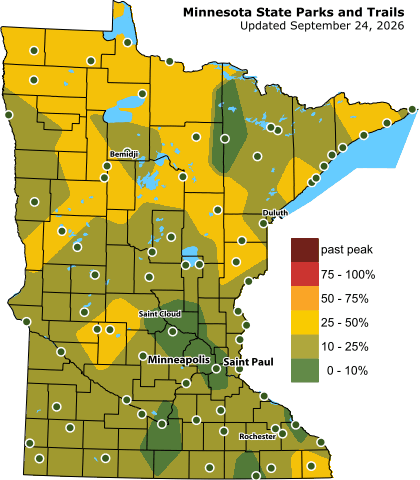 Map of Minnesota shows the NW corner of the state is 25-50% fall color. The rest of the state is only at roughly 10-25%
