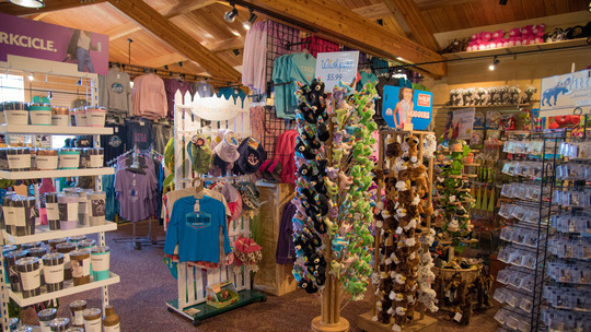A state park gift store fully stocked with stuffed animals, clothing and memorabilia. 