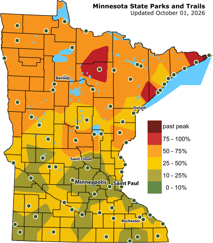 A map of Minnesota shows the northern half of the state is at 50-75% color. The southern half is 10-25%.