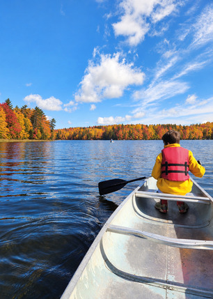 A young child paddles from the front of a canoe on a calm lake surrounded by red and gold trees. 