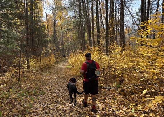 A person walks a dog along a forested path in the fall. 