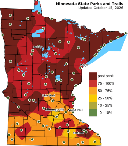 A map of Minnesota shows the northern half of the state is at peak or just passed. The southern half is at 50% color to peak. 