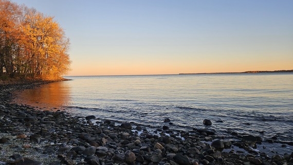 Rocky shoreline of a lake at sunset, with trees along the shore illuminated in bright yellow and orange.