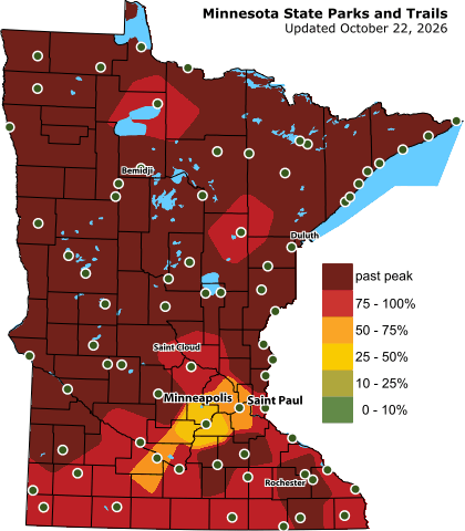 Map of Minnesota showing the northern portion of the state is almost all past peak color. Southern Minnesota is at peak.