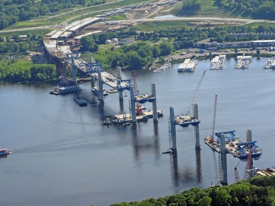 Looking west at St. Croix Crossing bridge construction