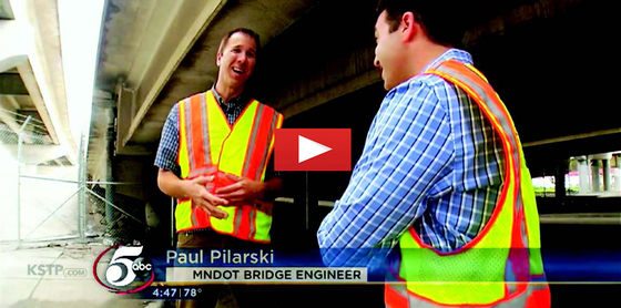 Paul Pilarski, MnDOT Bridge Engineer explains factors leading to bridge corrosion to KSTP-TV reporter