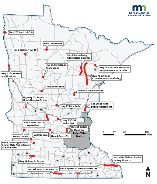 Minnesota state highway map showing the statewide weekend traffic impacts for Oct. 4-6.