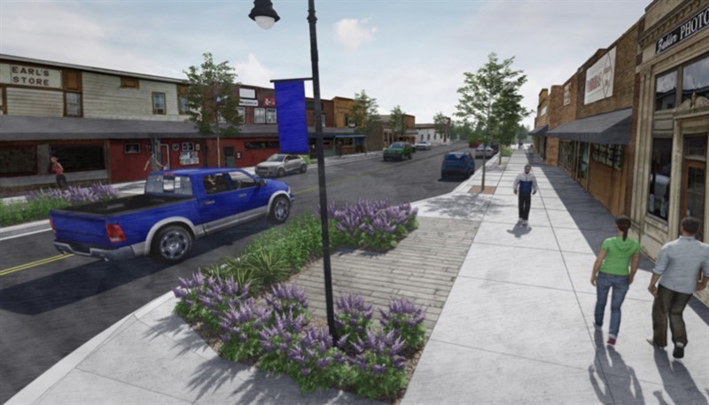 Illustration of downtown streetscape plan. Streetscape planting of trees and perennials to be completed in 2021.