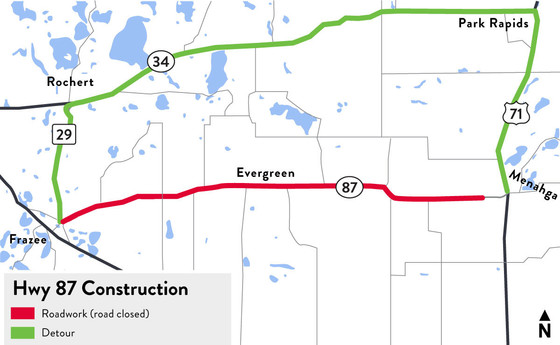 Project map of Highway 87 work zone and detour