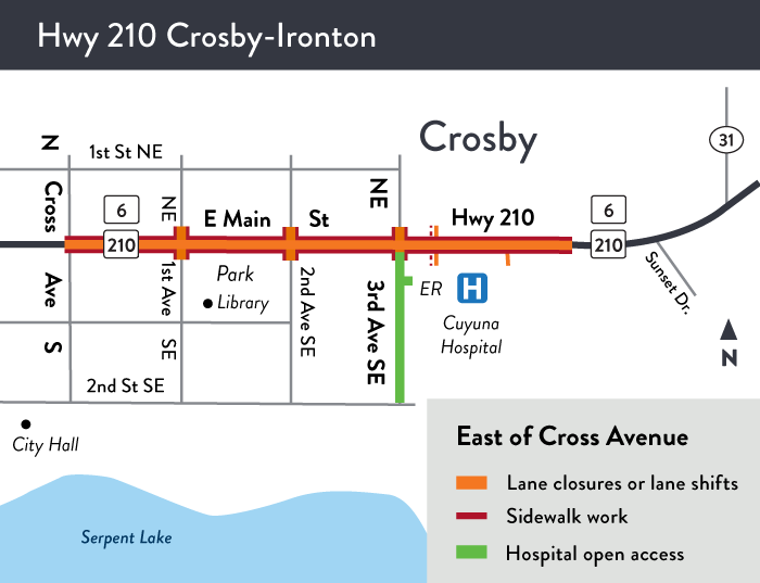 Map of current work on Hwy 210 east of Cross Ave in Crosby