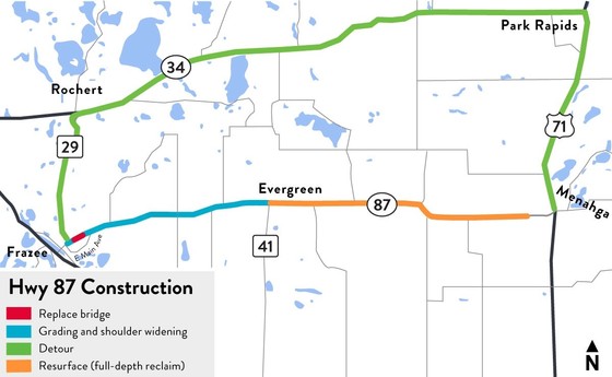 Map of project work zone and detour for Highway 87 between Frazee and Becker/Wadena County Line