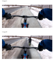 Paired photographs show bike lanes in winter along a roadway from the point of view of the gloved cyclist, looking forward over the handlebars.