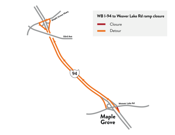Westbound I-94 to Weaver Lake Road ramp closure detour map