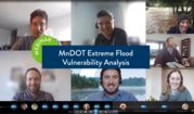 Extreme flood vulnerability webinar screenshot with presenters smiling.