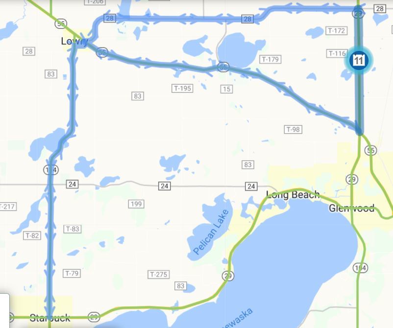 Map of Highway 29 closure between County Road 28 and Highway 55. Detour follows County Road 28 and Highway 55. 