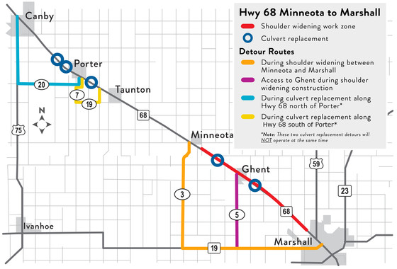 Hwy 68 project map showing work zones and detour information