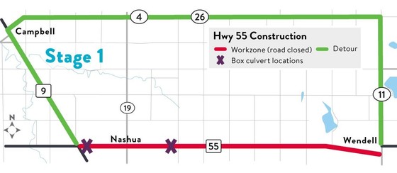 Stage 1 work zone and detour map on Hwy 55 Wendell to State Line