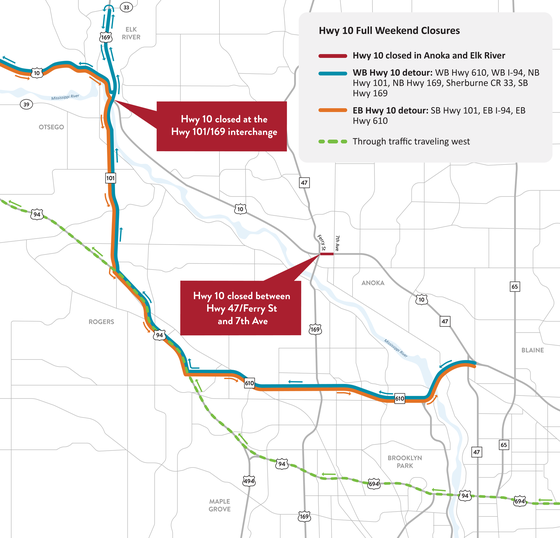 Hwy 10 closures and detour map in Anoka and Elk River.