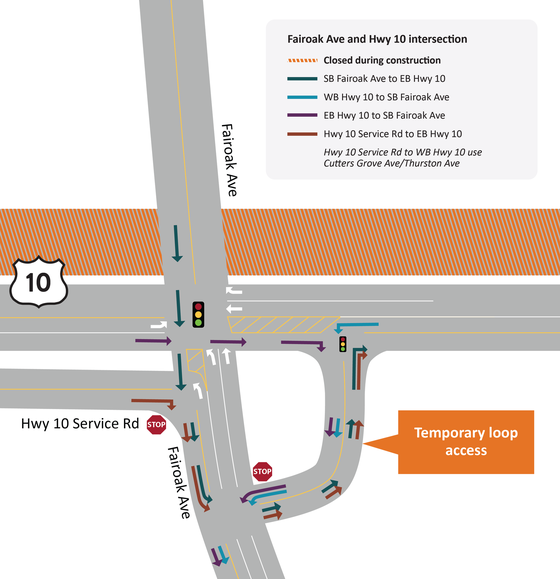 Motorists will encounter traffic changes at the intersection of Fairoak Ave. and Hwy 10 from Fri, May 6 through spring 2023.