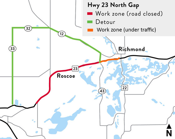 Work zone and detour map for Hwy 23 North Gap project