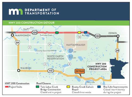 Hwy 200 project map showing work zone, bridge locations and detour