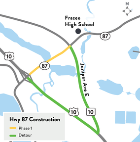 Detour map for Phase 1 of construction on Hwy 87