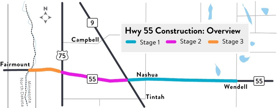 Map of Highway 55 work zone and staging between Wendell and the State Line