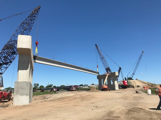 View of the overpass beams being set