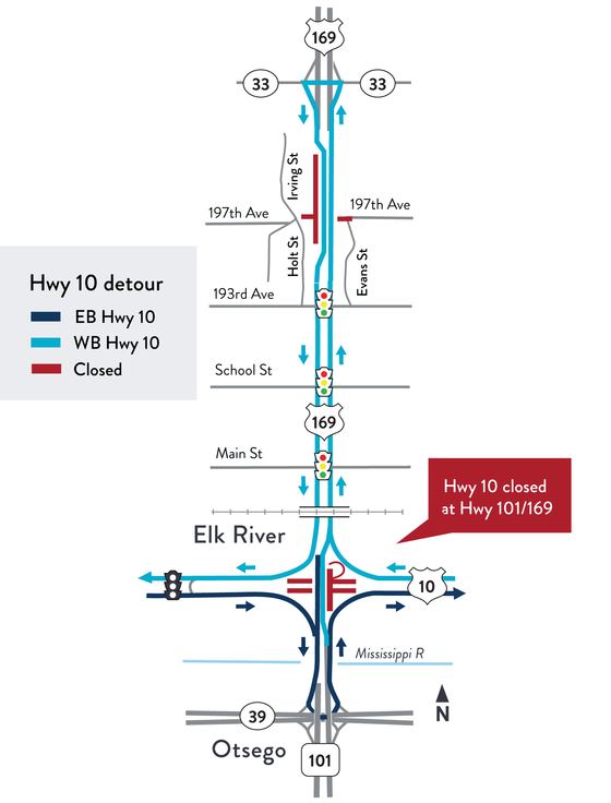 Hwy 10 detour at night map