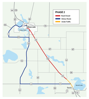 Detour map of Hwy 55/59 from Elbow Lake to Barrett