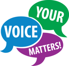 Dialogue bubbles that say "Your voice matters!"