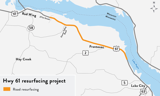 Map showing Highway 61 between Lake City and Red Wing construction zone planned for summer of 2023.