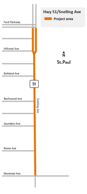 Highway 51/Snelling Avenue between Ford Parkway and Montreal Avenue in St. Paul project area map