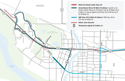 Main St. closure under the Hwy 10 bridge detour map