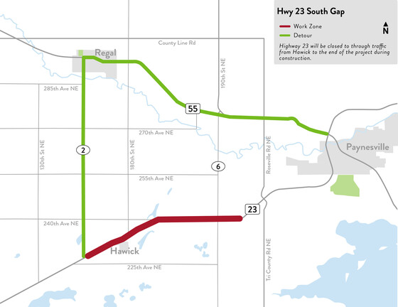 Hwy 23 project map showing detour route and construction zone for South Gap project