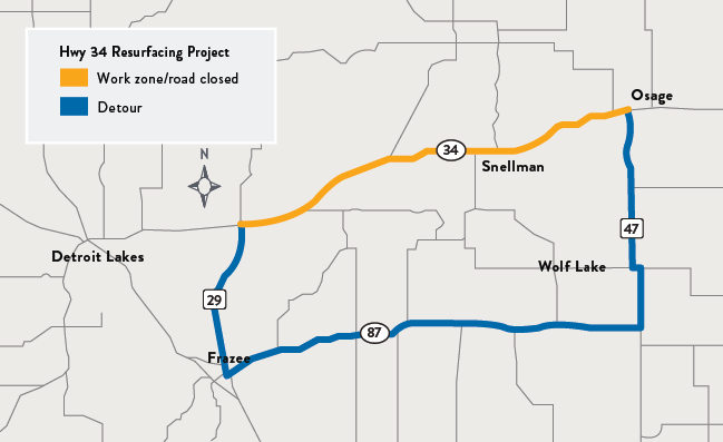 Hwy 34 work zone and detour map