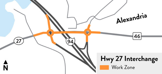 I-94 and Highway 27/County Road 45/46 interchange roundabout work zone