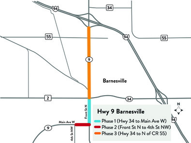 Construction phases map for Hwy 9 in Barnesville