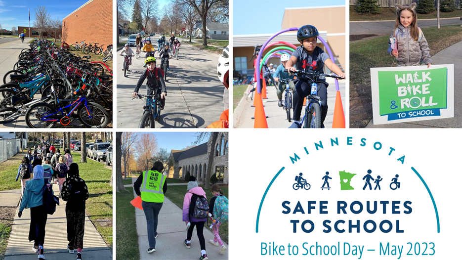 Montage of kid's activities of walking and riding with logo of Safe Routes To School.