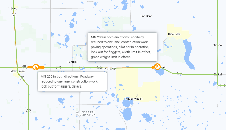 Map showing work zone east of Mahnomen and near Roy Lake