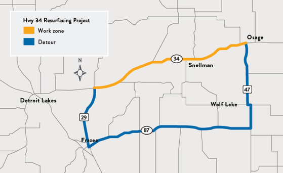 Detour map for Hwy 34 resurfacing project