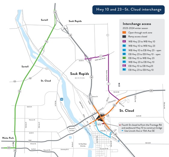Map 2023-2024 work zone at St. Cloud Hwy 10 and 23 Interchange